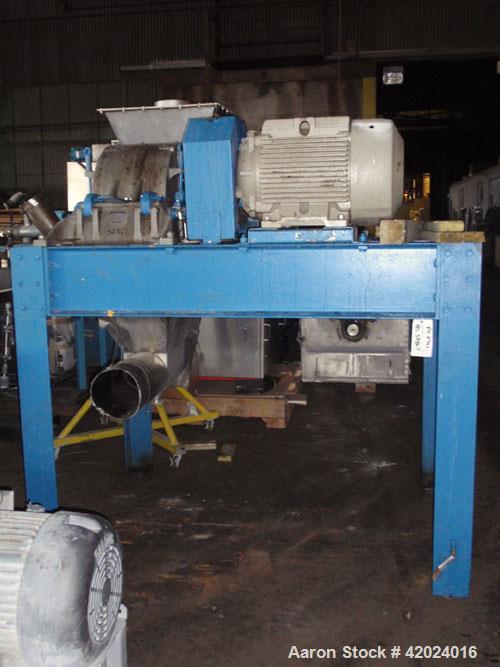 Used Micron Powder System Pulverizer, Model 4TH, stainless steel. Triple horizontal screw feeder with hopper. Pulverizer driven by a 75 hp motor. Mounted on a carbon steel frame.