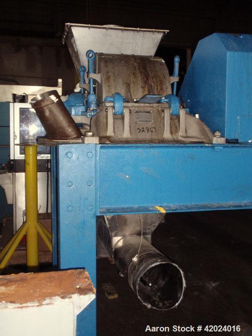 Used Micron Powder System Pulverizer, Model 4TH, stainless steel. Triple horizontal screw feeder with hopper. Pulverizer driven by a 75 hp motor. Mounted on a carbon steel frame.