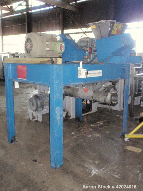 Used Micron Powder System Pulverizer, Model 4TH, stainless steel. Triple horizontal screw feeder with hopper. Pulverizer driven by a 75 hp motor. Mounted on a carbon steel frame.