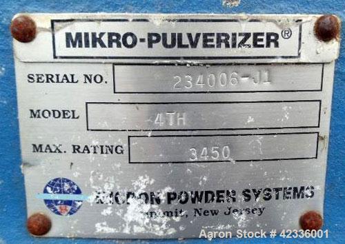 Used Hosokawa Micron Pulverizer, Model 4TH, Carbon Steel. Triple horizontal screw feeder with motor, 100 hp main drive, 3450 rpm rotor speed, triple horizontal screw feeder with .75 hp feeder drive, ...