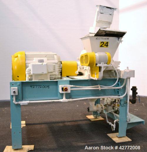 Used Mikro Pulverizer Hammer Mill, Model 4TH, Carbon Steel. 20" Diameter x 12" wide rotor with 4 rows swinging stirrup hammers. Top feed hopper with a triple screw feed, driven by a 2 hp, 3/60/460 vo...
