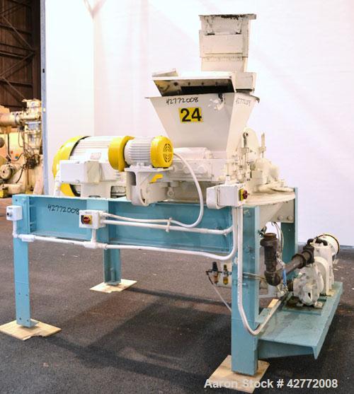 Used Mikro Pulverizer Hammer Mill, Model 4TH, Carbon Steel. 20" Diameter x 12" wide rotor with 4 rows swinging stirrup hammers. Top feed hopper with a triple screw feed, driven by a 2 hp, 3/60/460 vo...