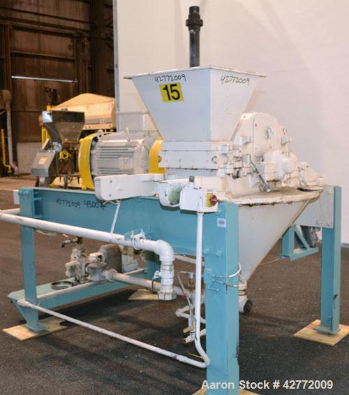Used Mikro Pulverizer Hammer Mill, Model 4TH, Carbon Steel. 20" Diameter x 12" wide rotor with 4 rows swinging stirrup hammers. Top feed hopper with a triple screw feed, driven by a 2 hp, 3/60/460 vo...