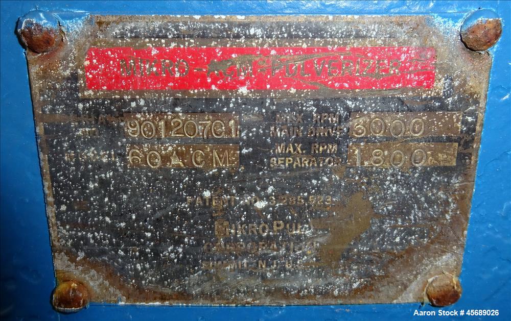 Used Hosokawa Mikropul Pulverizer, Model 60ACM, Carbon Steel. Approximate 31-1/2" diameter rotor. Driven by a 75hp, 3/60/230/460 volt, 1770 rpm motor. Separator driven by a 10hp, 3/60/230/460 volt, 1...