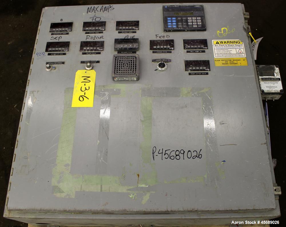 Used Hosokawa Mikropul Pulverizer, Model 60ACM, Carbon Steel. Approximate 31-1/2" diameter rotor. Driven by a 75hp, 3/60/230/460 volt, 1770 rpm motor. Separator driven by a 10hp, 3/60/230/460 volt, 1...
