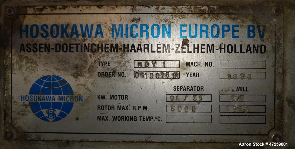 Used Hosokawa Micron Milling System Consisting Of: (1) Hosokawa Micron Dryer, model MDV-1, stainless steel. Approximate 125 kg/hr. maximum evaporation capacity depending on product. Approximate 10" d...