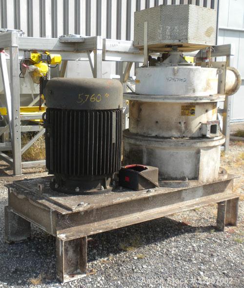 Used Micron Powder Systems Air Classifying Mill, Model 60ACM, Carbon Steel. Approximate 30’’ diameter grinding chamber. Maximum rotor speed 3000 rpm, driven by a 125hp, 3/60/460 volt, 1780 rpm motor....