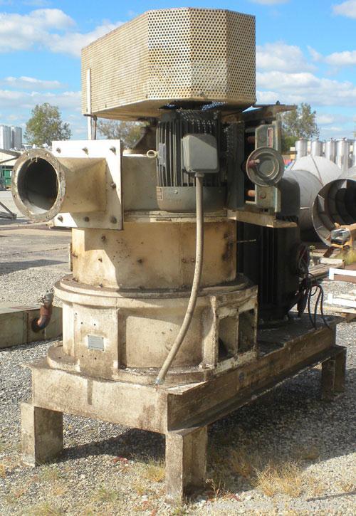 Used Micron Powder Systems Air Classifying Mill, Model 60ACM, Carbon Steel. Approximate 30’’ diameter grinding chamber. Maximum rotor speed 3000 rpm, driven by a 125hp, 3/60/460 volt, 1780 rpm motor....