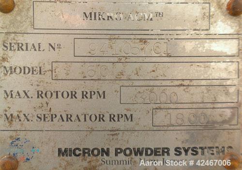 Used- Micron Powder Systems Air Classifying Mill, Model 60ACM, Carbon Steel. Approximate 30’’ diameter grinding chamber. Max...