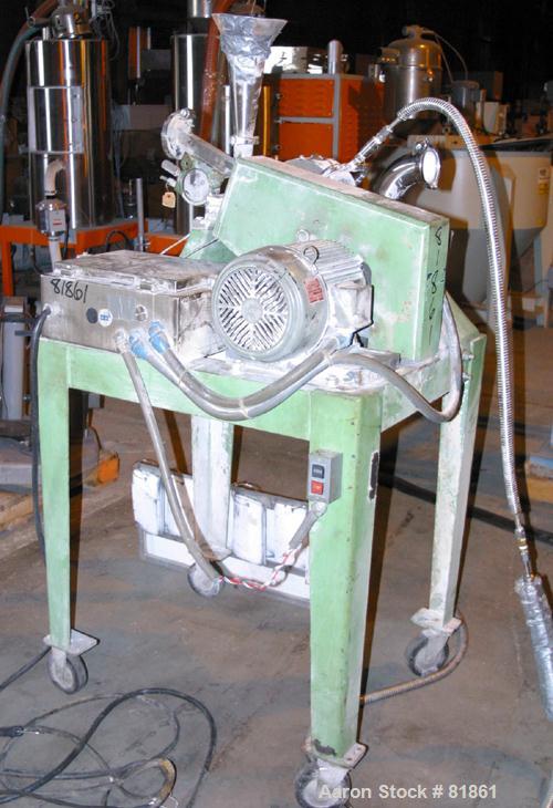 USED: Mikro Pulverizer, model 1SCB, 304 stainless steel. Approximate 6" diameter rotor with (6) 3-1/4" wide swinging stirrup hammers. Set up for air injection feed and cryogenic design. Unit driven b...