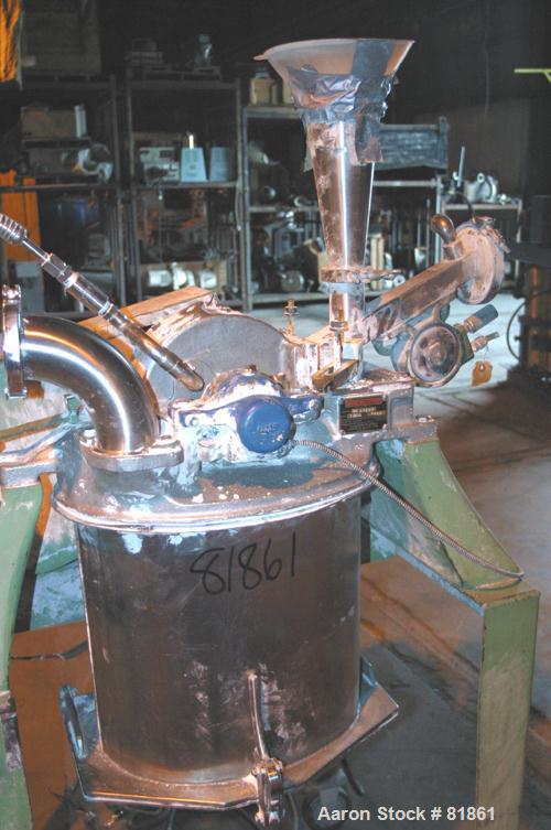 USED: Mikro Pulverizer, model 1SCB, 304 stainless steel. Approximate 6" diameter rotor with (6) 3-1/4" wide swinging stirrup hammers. Set up for air injection feed and cryogenic design. Unit driven b...