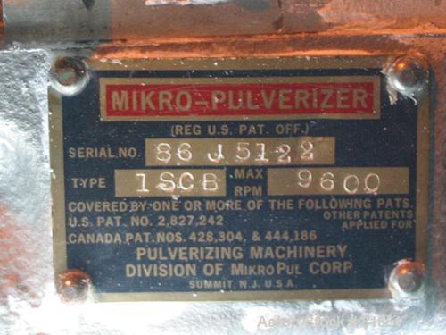 USED: Mikro Pulverizer, model 1SCB, 304 stainless steel. Approximate 6" diameter rotor with (6) 3-1/4" wide swinging stirrup hammers. Set up for air injection feed and cryogenic design. Unit driven b...