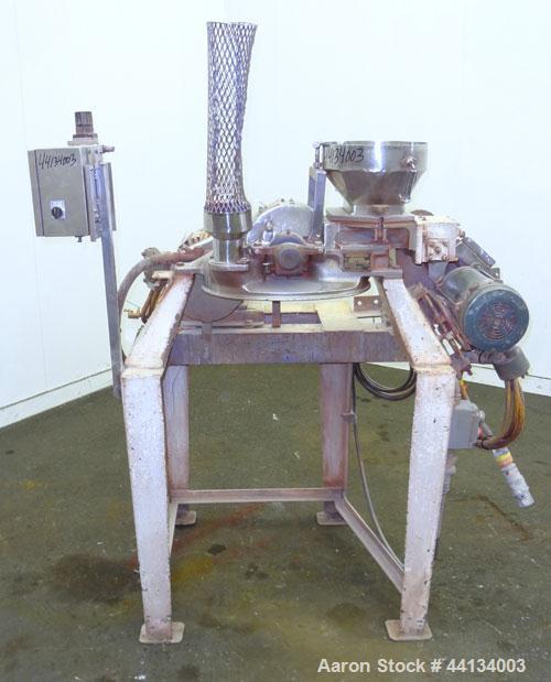 Used Mikro Pulverizer Hammer Mill, Model 1SH, 304 Stainless Steel. Approximately 8" diameter x 3-1/2" deep chamber with (6) 3” wide swinging stirrup hammers. Dual screw feed with hopper, driven by a ...