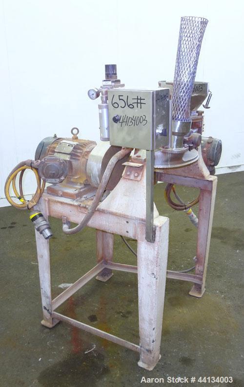 Used Mikro Pulverizer Hammer Mill, Model 1SH, 304 Stainless Steel. Approximately 8" diameter x 3-1/2" deep chamber with (6) 3” wide swinging stirrup hammers. Dual screw feed with hopper, driven by a ...