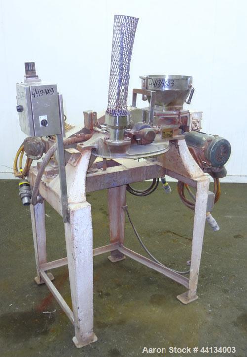 Used Mikro Pulverizer Hammer Mill, Model 1SH, 304 Stainless Steel. Approximately 8" diameter x 3-1/2" deep chamber with (6) 3” wide swinging stirrup hammers. Dual screw feed with hopper, driven by a ...