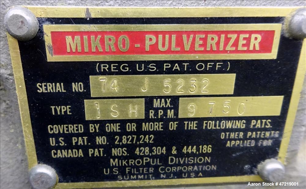 Used Mikro Pulverizer Hammer Mill, Model 1SH, 304 Stainless Steel