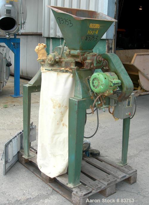 USED: Mikro Pulverizer Model 1SH, carbon steel. Approximate 6" diameter rotor with (6) 3" wide swinging stirrup hammers. 1-1/2" diameter x 8" long screw feed with hopper, driven by a 1/3 hp, 1/60/115...