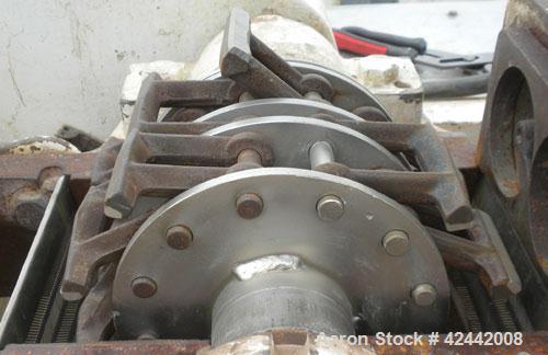 Used Mikro Pulverizer Hammer Mill, model 2SI, carbon steel. Approximate 12" diameter x 6-1/2" deep chamber with (2) rows of (10) 2-1/2’’ wide swinging stirrup hammers. Dual screw feed, driven by a 1/...