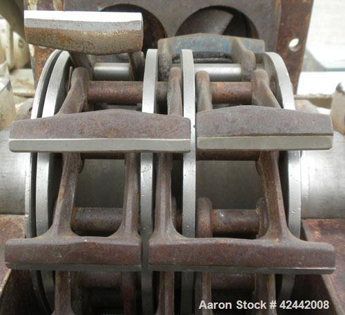 Used Mikro Pulverizer Hammer Mill, model 2SI, carbon steel. Approximate 12" diameter x 6-1/2" deep chamber with (2) rows of (10) 2-1/2’’ wide swinging stirrup hammers. Dual screw feed, driven by a 1/...