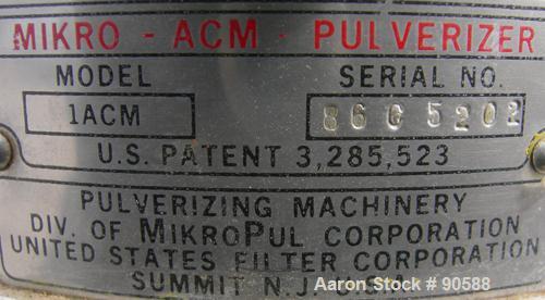 Used: Mikro ACM pulverizer, model 1ACM, 316 stainless steel. 20 to 70 CFM.Approximately 4 1/2" diameter grinding chamber with liner, approximately 2 1/2" diameter separator wheel.Rotor speed 22,000 r...