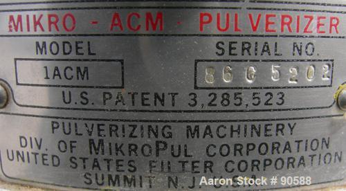 Used: Mikro ACM pulverizer, model 1ACM, 316 stainless steel. 20 to 70 CFM.Approximately 4 1/2" diameter grinding chamber wit...