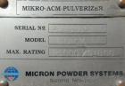 Used Micron Powder Systems Air Classifying Mill, Model 60ACM, Carbon Steel. Approximate 30’’ diameter grinding chamber. Maximum rotor speed 3000 rpm, driven by a 125hp, 3/60/460 volt, 1780 rpm motor....