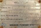 Used Micron Powder Systems Air Classifying Mill, Model 60ACM, Carbon Steel. Approximate 30’’ diameter grinding chamber. Maximum rotor speed 3000 rpm, driven by a 125hp, 3/60/460 volt, 1780 rpm motor....