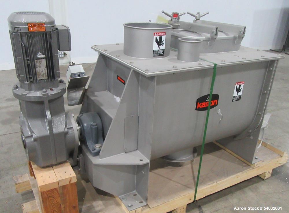 Used Kason Ribbon Blender, Stainless Steel. Driven by 4hp, 3/60/230/460 volt, 1763/15 rpm gear motor. Center bottom outlet.