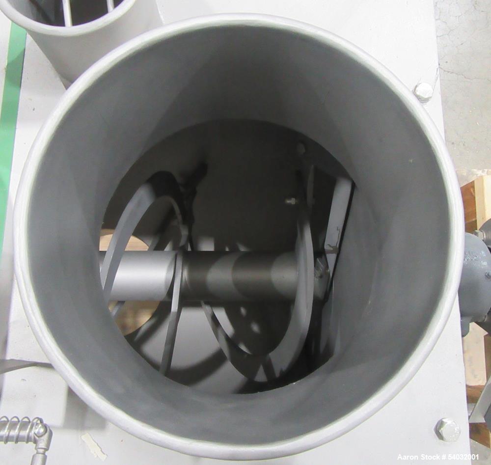 Used Kason Ribbon Blender, Stainless Steel. Driven by 4hp, 3/60/230/460 volt, 1763/15 rpm gear motor. Center bottom outlet.
