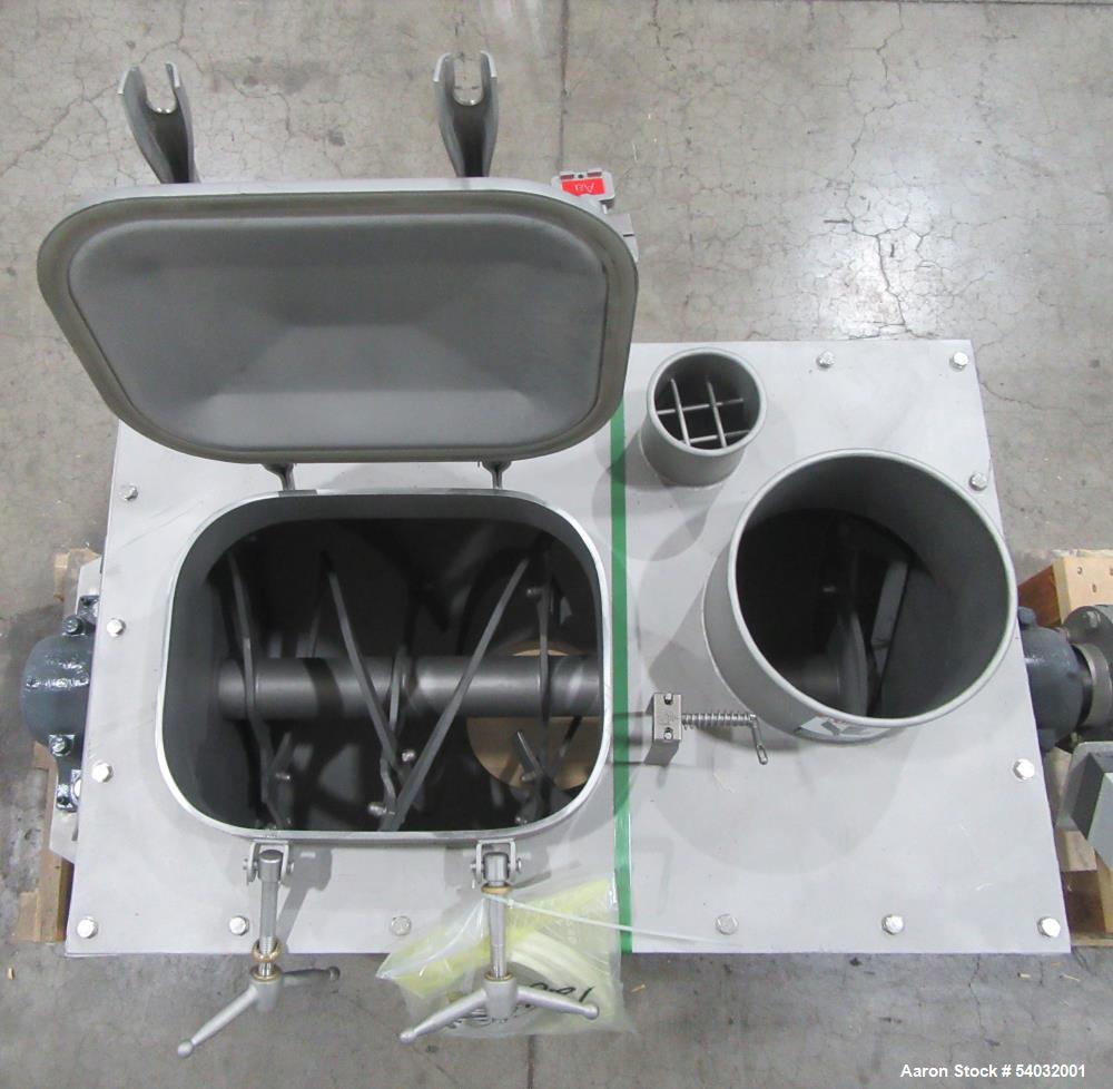Used Kason Ribbon Blender, Stainless Steel. Driven by 4hp, 3/60/230/460 volt, 1763/15 rpm gear motor. Center bottom outlet.