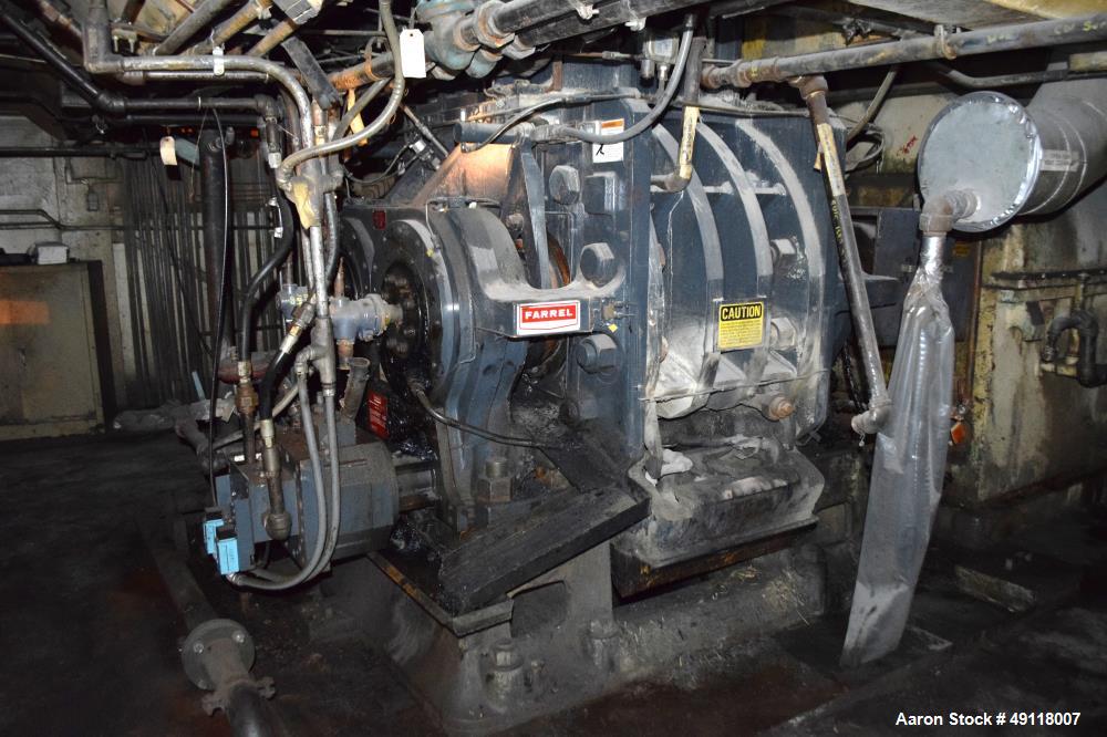 Used Farrel Banbury Mixer, Model 9D. Approximate chamber gross volume 182 liters (48 gallons, 11,120 cubic inches), approximate compound capacity 390 pounds. Jacketed chrome plated sides and door top...