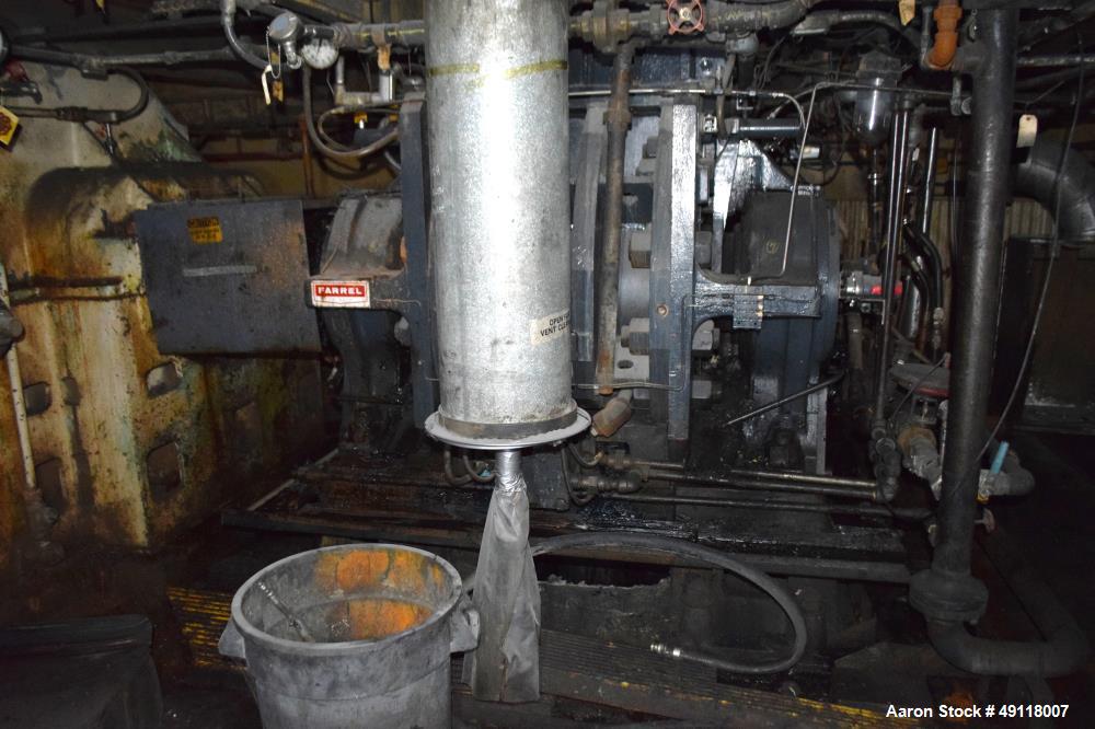 Used Farrel Banbury Mixer, Model 9D. Approximate chamber gross volume 182 liters (48 gallons, 11,120 cubic inches), approximate compound capacity 390 pounds. Jacketed chrome plated sides and door top...