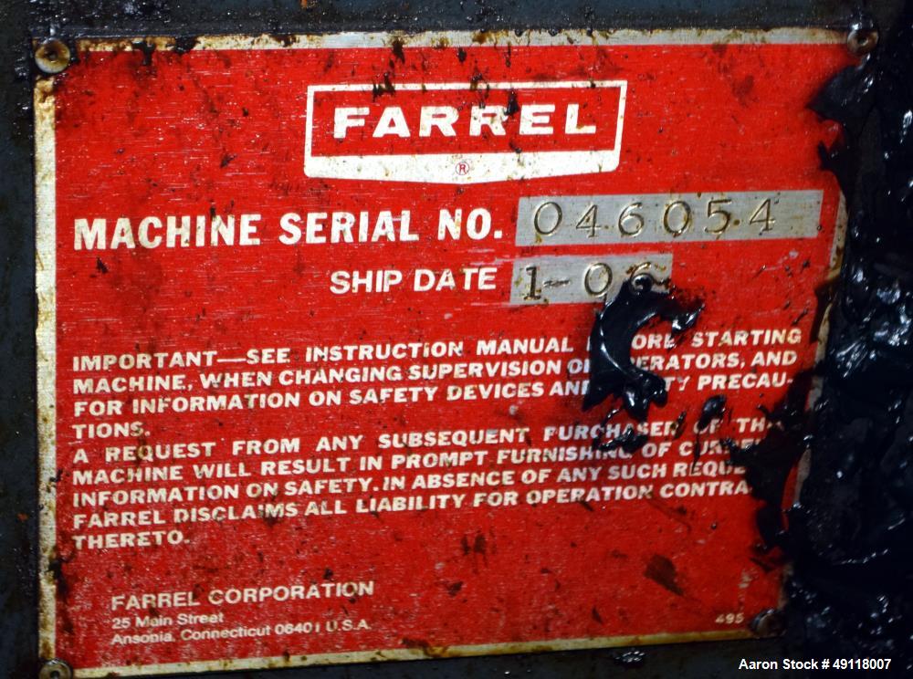 Used Farrel Banbury Mixer, Model 9D. Approximate chamber gross volume 182 liters (48 gallons, 11,120 cubic inches), approximate compound capacity 390 pounds. Jacketed chrome plated sides and door top...