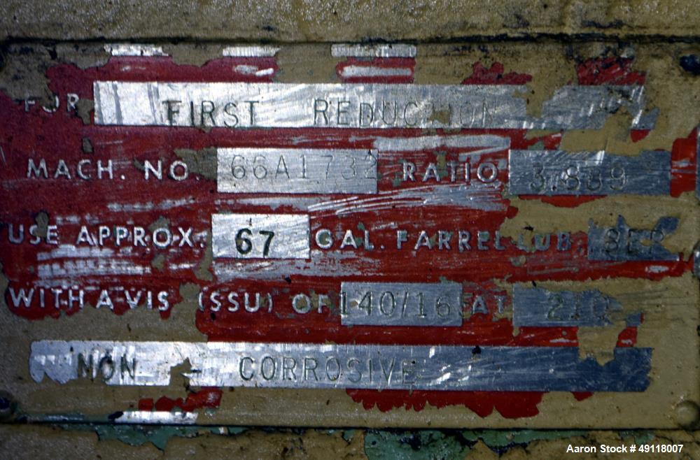 Used Farrel Banbury Mixer, Model 9D. Approximate chamber gross volume 182 liters (48 gallons, 11,120 cubic inches), approximate compound capacity 390 pounds. Jacketed chrome plated sides and door top...