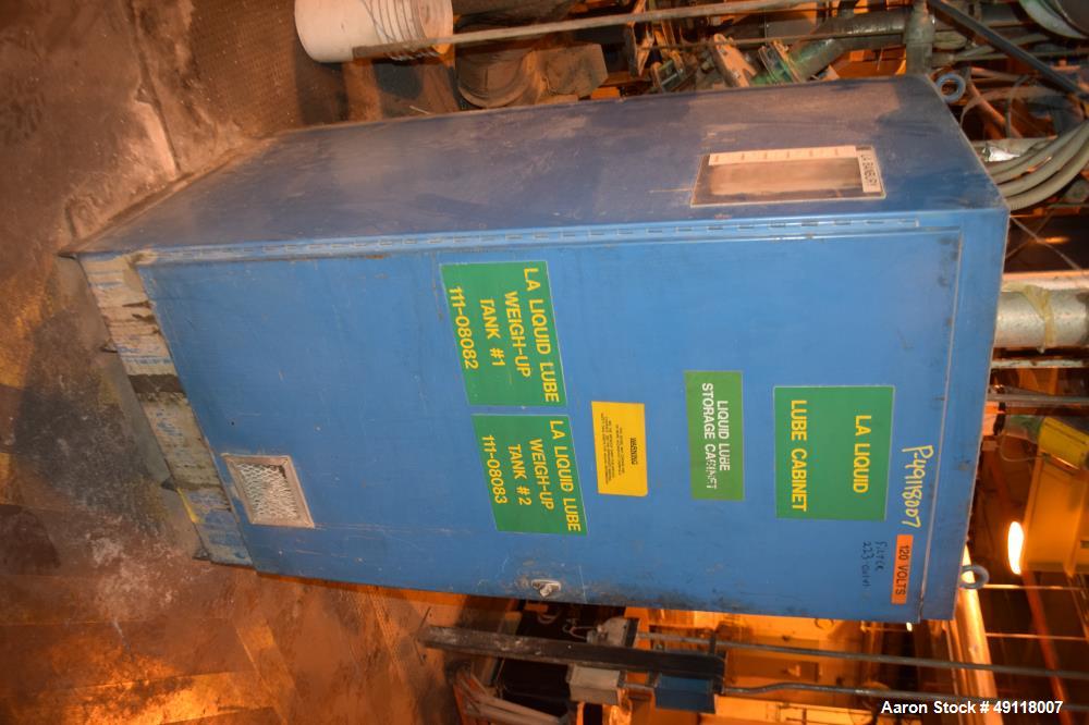 Used Farrel Banbury Mixer, Model 9D. Approximate chamber gross volume 182 liters (48 gallons, 11,120 cubic inches), approximate compound capacity 390 pounds. Jacketed chrome plated sides and door top...
