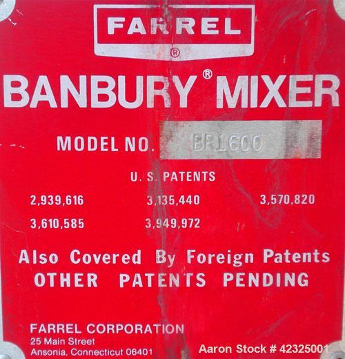 Used Farrel Laboratory Size Banbury Mixer, Model BR1600. Chamber net volume 1.6 liters (0.41 gallons), approximate compound capacity 1.2 kg (2.6 pounds). Jacketed stainless steel sides, rated 150 psi...