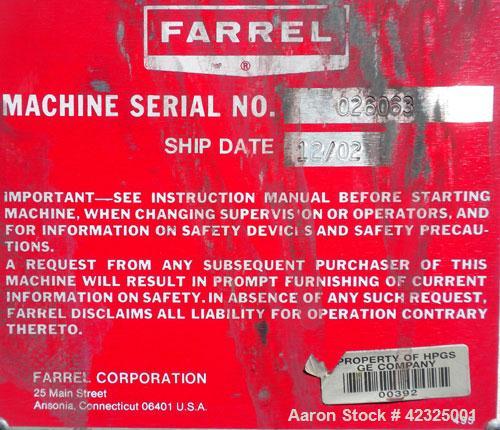 Used Farrel Laboratory Size Banbury Mixer, Model BR1600. Chamber net volume 1.6 liters (0.41 gallons), approximate compound capacity 1.2 kg (2.6 pounds). Jacketed stainless steel sides, rated 150 psi...