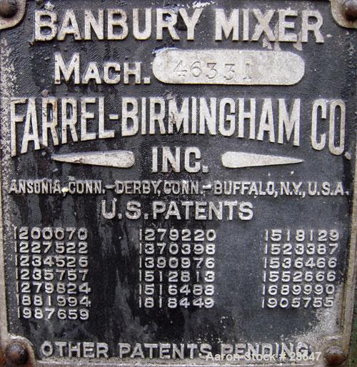 Used Farrel-Birmingham Banbury Mixer,  Model B, Carbon Steel. 2.6 pound capacity, side open design. Air operated feed ram with flat style floating weight. Two wing rotor. 4 speed drive. Driven by a 2...