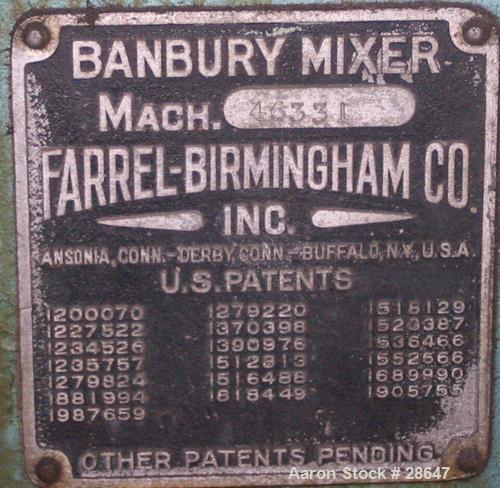 Used Farrel-Birmingham Banbury Mixer,  Model B, Carbon Steel. 2.6 pound capacity, side open design. Air operated feed ram with flat style floating weight. Two wing rotor. 4 speed drive. Driven by a 2...