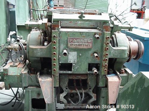 Used Farrel Pomini Banbury Mixer, Model F80. Jacketed chamber, drop door design. 4 wing style cored rotors, approximately 35-70 rpm. Mixing chamber 21.2 gallon (80 liter), max batch weight 132 pounds...