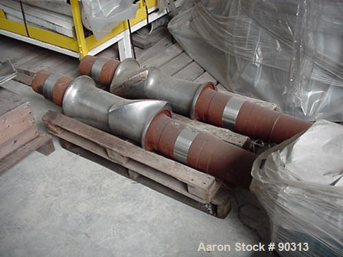 Used Farrel Pomini Banbury Mixer, Model F80. Jacketed chamber, drop door design. 4 wing style cored rotors, approximately 35-70 rpm. Mixing chamber 21.2 gallon (80 liter), max batch weight 132 pounds...