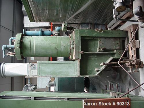 Used Farrel Pomini Banbury Mixer, Model F80. Jacketed chamber, drop door design. 4 wing style cored rotors, approximately 35-70 rpm. Mixing chamber 21.2 gallon (80 liter), max batch weight 132 pounds...
