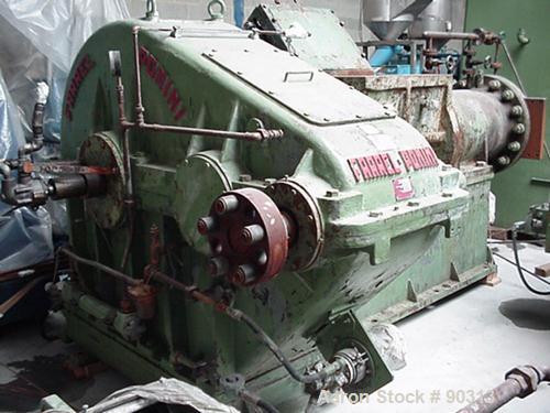 Used Farrel Pomini Banbury Mixer, Model F80. Jacketed chamber, drop door design. 4 wing style cored rotors, approximately 35-70 rpm. Mixing chamber 21.2 gallon (80 liter), max batch weight 132 pounds...