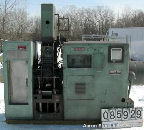 Used Farrel Banbury Mixer, Model 00C. Jacketed chamber, drop door design, rated 150 PSI water or steam. Wing style cored rotors, approximately 125/62.5 RPM. Gross chamber liquid capacity 1.2 gallons....