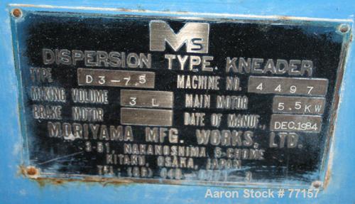Used: Moriyama dispersion mixer, batch mixer/compounder, type D3-7.5. 3 liter mi