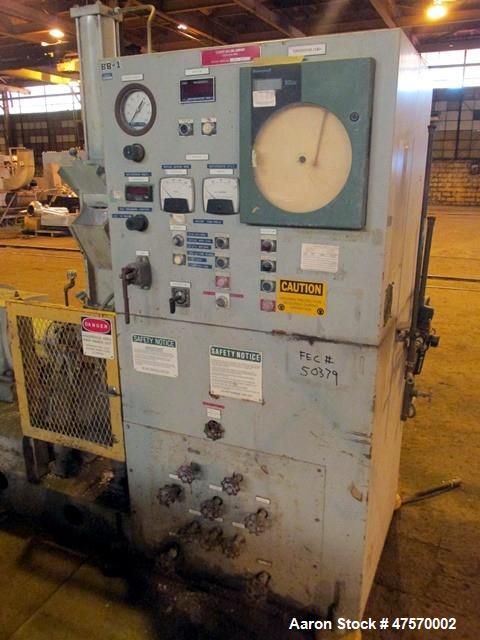 Used Stewart Bolling Lab Internal Rotor Mixer, Model 00. 1.6 Liter mixer volume, driven by a 30hp DC motor with SCR control. Serial# 1.88.13977.