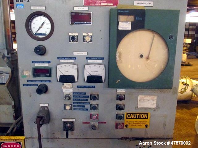 Used Stewart Bolling Lab Internal Rotor Mixer, Model 00. 1.6 Liter mixer volume, driven by a 30hp DC motor with SCR control. Serial# 1.88.13977.