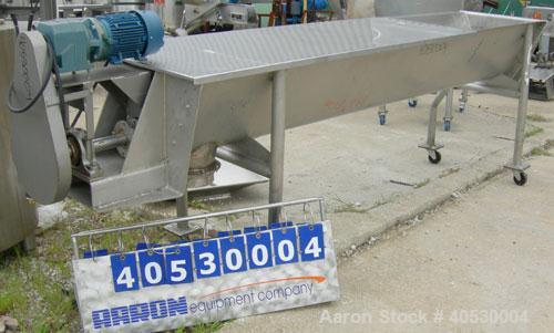 Used Continuous screw mixer, 316 stainless steel. 9" diameter x 105" long x 4 1/2" centers open screw, 2 3/4" diameter shaft. Non-jacketed U-trough 23 1/2" wide x 10' long x 16" deep. 8" end bottom o...