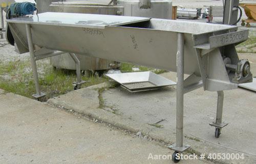 Used Continuous screw mixer, 316 stainless steel. 9" diameter x 105" long x 4 1/2" centers open screw, 2 3/4" diameter shaft. Non-jacketed U-trough 23 1/2" wide x 10' long x 16" deep. 8" end bottom o...