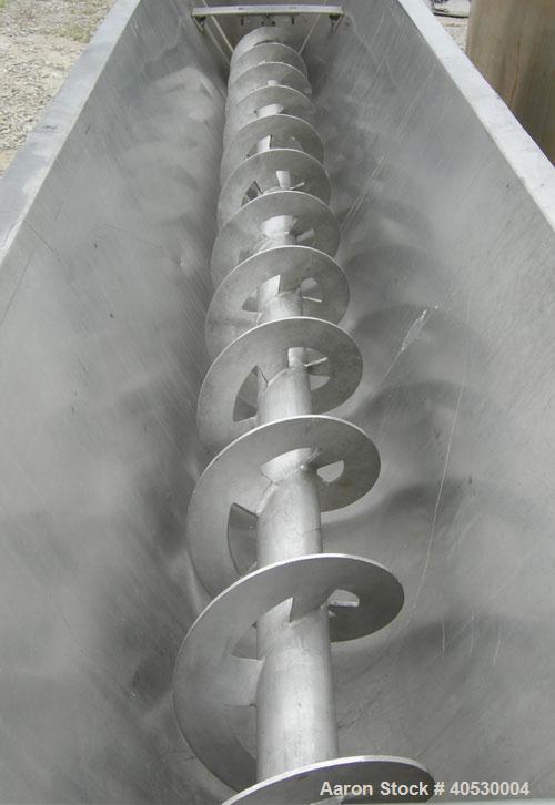 Used Continuous screw mixer, 316 stainless steel. 9" diameter x 105" long x 4 1/2" centers open screw, 2 3/4" diameter shaft. Non-jacketed U-trough 23 1/2" wide x 10' long x 16" deep. 8" end bottom o...